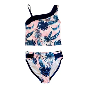 Jantzen Girls' Two-Piece Tropical Tankini Swimsuit – Navy & Pink (Size 5 and 6 ) - Picture 1 of 6