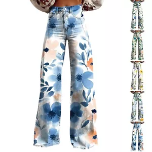 Wide Leg Pants Woman High Waist Floral Patterned Lightweight Loose Pants - Picture 1 of 27