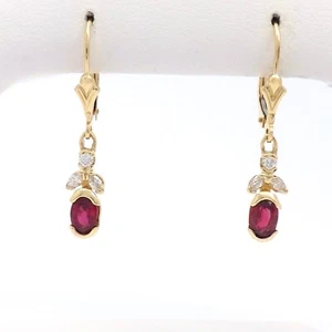 14k Gold Natural Diamond Ruby Dangle Earrings Leverback July Birthstone New - Picture 1 of 9