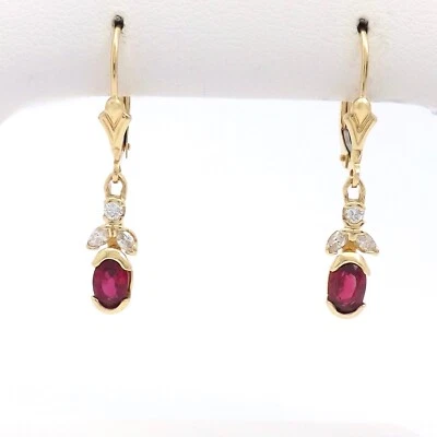 14k Gold Natural Diamond Ruby Dangle Earrings Leverback July Birthstone New - Image 1 of 4