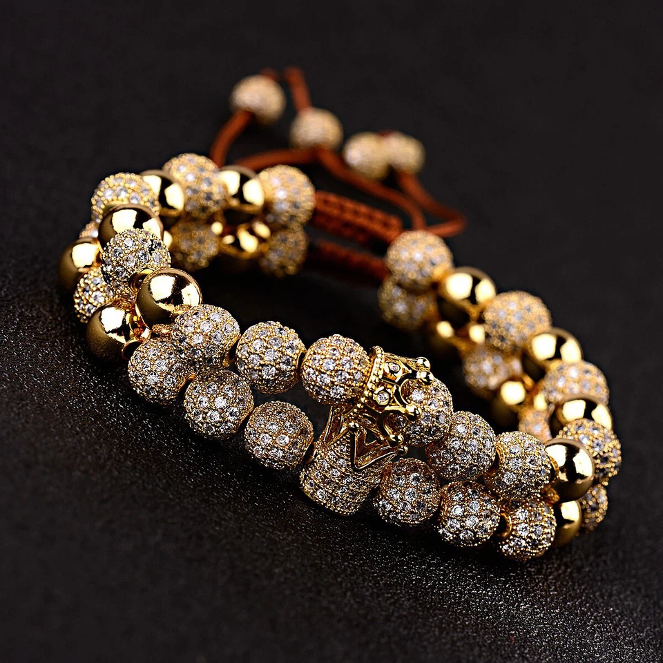 Lo último Pulseras de lujo micro pavé corona circonita cúbica trenzadas ajustables para pareja para hombres mujeres Foto 1 de 4