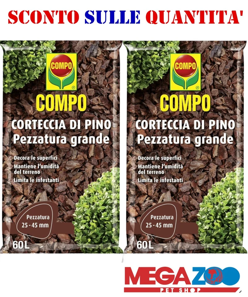 COMPO Corteccia di Pino Pezzatura Grande Pacciamatura e Decorazione 60 LT 4 CONF