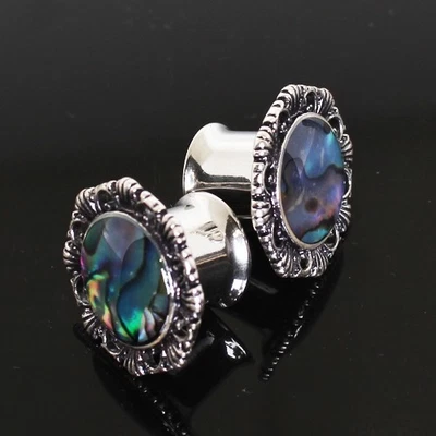 PAIR of 316L Stainless Steel Ornate Plug with Natural Abalone Inlay - Image 1 of 3