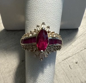 Sterling Silver 925 Gold Plated Ring Red Marquise CZ White CZ Cocktail Style - Picture 1 of 8