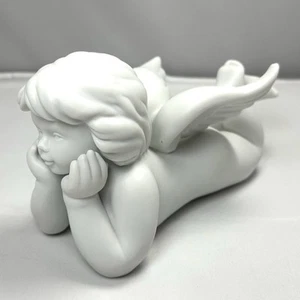 Statuina porcellana Rosenthal classica bisque bianca angelo cherubino mento in mano - Foto 1 di 7