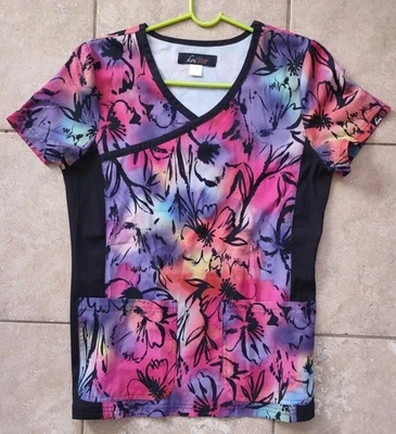 Women’s Koi Lite Stretch Nurses Scrubs Top Size XS Pockets Colorful Flowers EX - Image 1 of 4