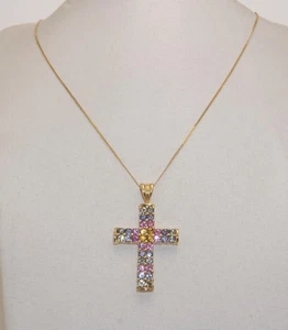 9carat 9k Yellow Gold Multi-Coloured Sapphire Cross & 9carat 9k Gold 18" Chain - Picture 1 of 6