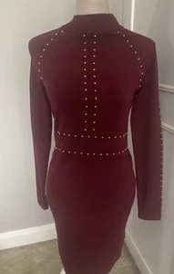 Karen Millen Burgundy Party/Cocktail Bodycon Dress Gold Studs Embellished SIZE M - Picture 1 of 3