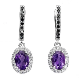925 Sterling Silver Earrings Oval Amethyst 7x5mm Spinel Natural Gemstone Jewelry - Picture 1 of 13