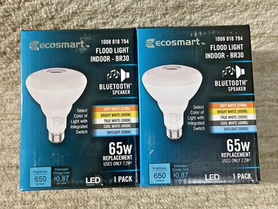 2PK EcoSmart Bluetooth Speaker LED Light Bulb White Dimmable BR30 65W Equivalent - Image 1 of 4