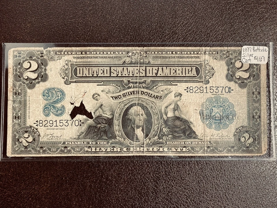 1899 $2 TWO DOLLARS SILVER CERTIFICATE NOTE "MINI PORTHOLE" Washington Blue Seal - Image 1 of 2