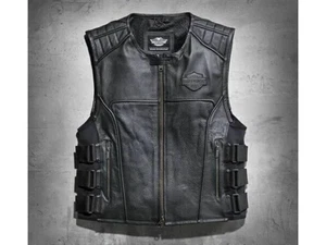 Chaleco de motociclista Harley Davidson Swat II de cuero genuino para hombre - Chaleco negro - Imagen 1 de 3