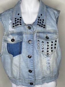 Dollhouse Women’s XL Blue Denim Vest Sleeveless Light Wash Distressed Steampunk - Picture 1 of 10