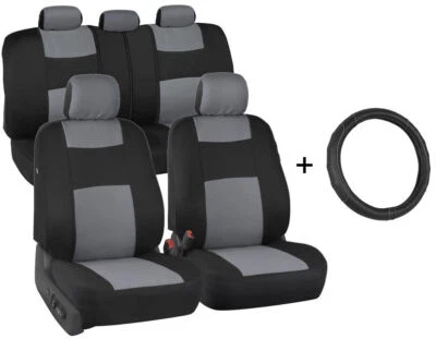Microfiber Leather Steering Wheel Cover + Car Seat Covers (Full Set) Gray - Image 1 of 4