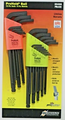 BONDHUS 22pc PROHOLD BALL HEX L WRENCH SET METRIC / INCH #20499  L181 - Image 1 of 4