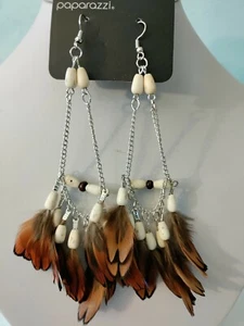 Paparazzi Haute Hawk White Beads Brown Feathers Silver Chains Earrings Pierced - Picture 1 of 7
