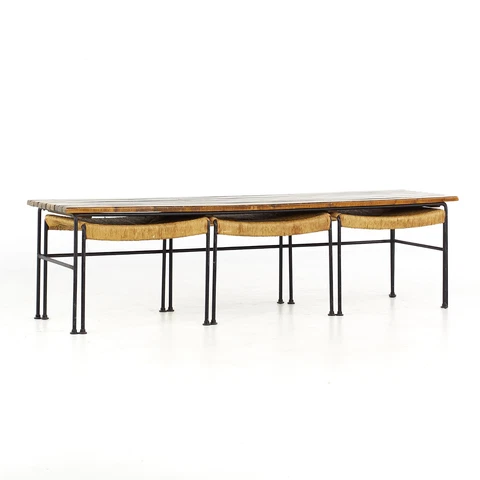 Arthur Umanoff for Raymor Mid Century Iron Bench with Nesting Stools Cover
