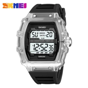 SKMEI Men Square Watch Fashion Transparent Case Wristwatch Male Silicone Watches - Picture 1 of 34