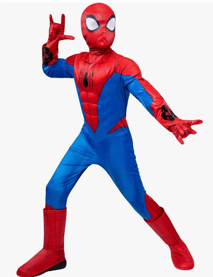 Spiderman Costume Boys Large 10-12 Suit Gloves Mask Muscle Shoe Covers Kids