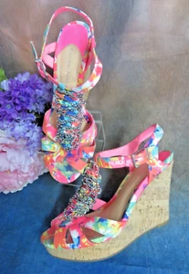 Gianni Bini Wedge Espadrille platform heels Sandals  hot Pink floral Beads 8.5 M - Picture 1 of 10