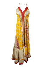 Womens Summer Maxi Dress,Halter Dresses, Yellow Swing Strap Boho Beach Dress SML