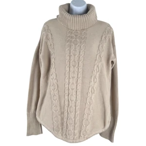 L.L. Bean Fisherman Sweater Womens Medium Cable Knit Beige Turtleneck FS-1363 - Picture 1 of 8