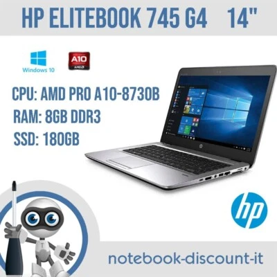 Portatile HP EliteBook 745 G4  cpu AMD Pro A10-8730B  Ram 8gb   SSD 180gb  Win10 - Immagine 1 di 4