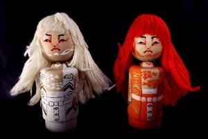 Vintage Japanese Kokeshi Kabuki Lion Dancers Renjishi Shojo Noh Ningyo Dolls - Picture 1 of 10
