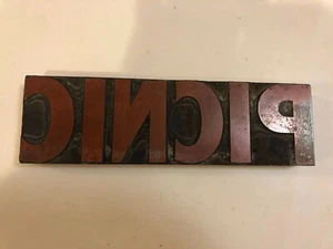 Large Red PICNIC Printer's Letterpress Type Print Block~PB87 - Picture 1 of 3