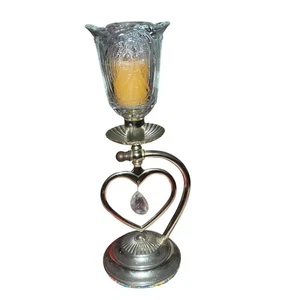 Vintage Brass Heart Wall Sconce Candle Holder w/ Crystal Prism & Glass Hurricane - Picture 1 of 7