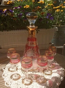 MCM Bohemian Etched Crystal Glass Decanter Ruby Red 6 Cordial Glasses Gold Rims - Picture 1 of 12