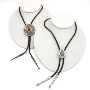 Southwest Sterling Silver Red Coral Turquoise Overlay Bolo Tie Lot of 2 #S2626-1 - Picture 1 of 7