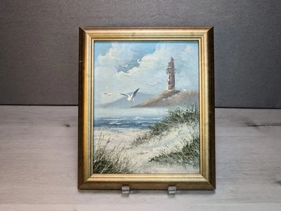 Vintage Original Oil Painting Beach Ocean Nautical Seagull Lighthouse 12" x 10" - Image 1 of 4