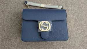 Gucci GG Dollar Calf Blue Interlocking Chain Handbag Leather Italy - Medium New - Picture 1 of 10