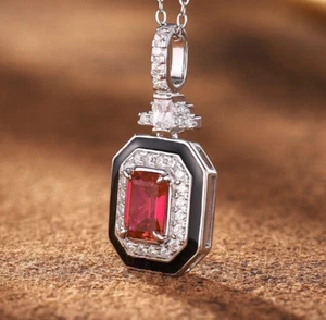 Carillon Lab Grown Ruby Pendant, 18K Gold Plated Octagon Enamel Necklace - Picture 1 of 4