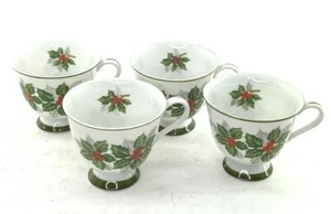 Vintage 1960s Norleans Imported Japan Tea Cups White w/Christmas Holly - Picture 1 of 7
