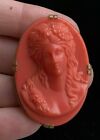 ANTIQUE VINTAGE FAUX CORAL CELLULOID? LUCITE? BAKELITE? CAMEO BROOCH 1 3/4" GOTH