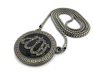 Iced BLACK ALLAH MUSLIM Round Bling Pendant & 3mm 30" Box Chain Hip Hop Necklace - Picture 1 of 4