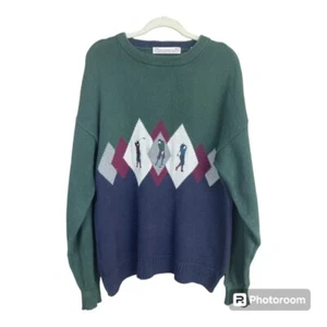Vintage Herren John Ashford Golf Pullover Medium Argyle grün blau Stickerei gerippt - Bild 1 von 4