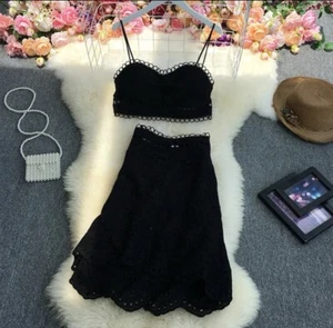 Skirts Suit Women Hallow Out Sleeveless Tanks Tops A-Line Two Pieces Set Black - Picture 1 of 10