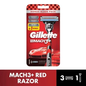 Juego combinado de navaja Gillette Mach3+ roja con 1 mango y 3 cartuchos de repuesto - Imagen 1 de 5