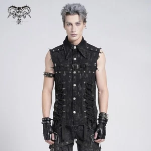 Camicia senza maniche Devil Fashion uomo nera gotica punk top borchie invecchiata - Foto 1 di 24