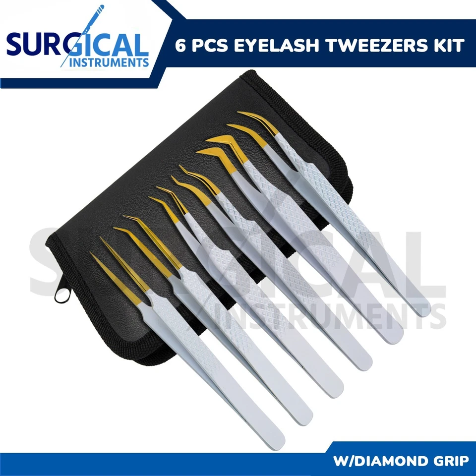 6 Pcs Volume Eyelash Extension Tweezers Kit set Stainless Diamond Grip German Gr - Image 1 of 4