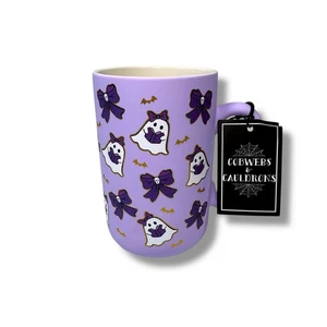 Cobwebs And Cauldrons Purple Ghost Reading Bows Bats Books Coffee Mug Halloween - Picture 1 of 6