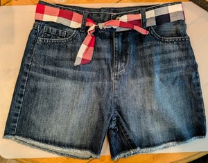 The Children's Place Girls Shorts 14 Blue Denim Jean Cutoff Frayed Gingham Belt  - Picture 1 of 4