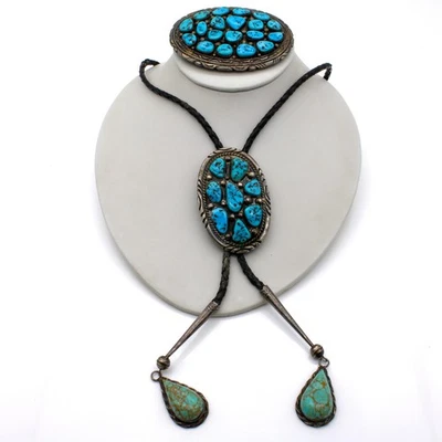 Navajo Esterlina Firmado “Tommy Moore” Turquesa Racimo Bolo Corbata Hebilla #S4015-2 Foto 1 de 4