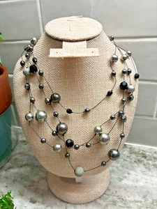 Lovely Faux Pearl Gray Silver Bib Necklace 4 Strand Bead Gunmetal Y - Picture 1 of 7