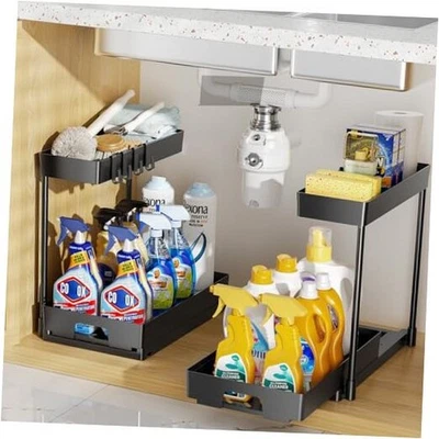  Paquete de 2 organizadores y almacenamiento debajo del fregadero, 2 niveles para baño extraíble juego de 2-negro Foto 1 de 4