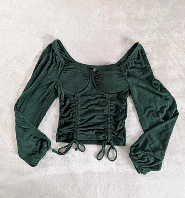 Dark Green Long Balloon Sleeve Corset Top Size S Romantic Whimsigoth Fairy Y2k - Image 1 of 4