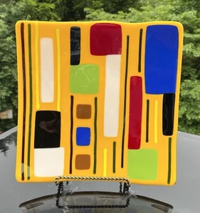 Hellgelb Orange verschmolzen Kunstglas 12" Quadrat Tablett Platte - Linear Abstrakt - Bild 1 von 6
